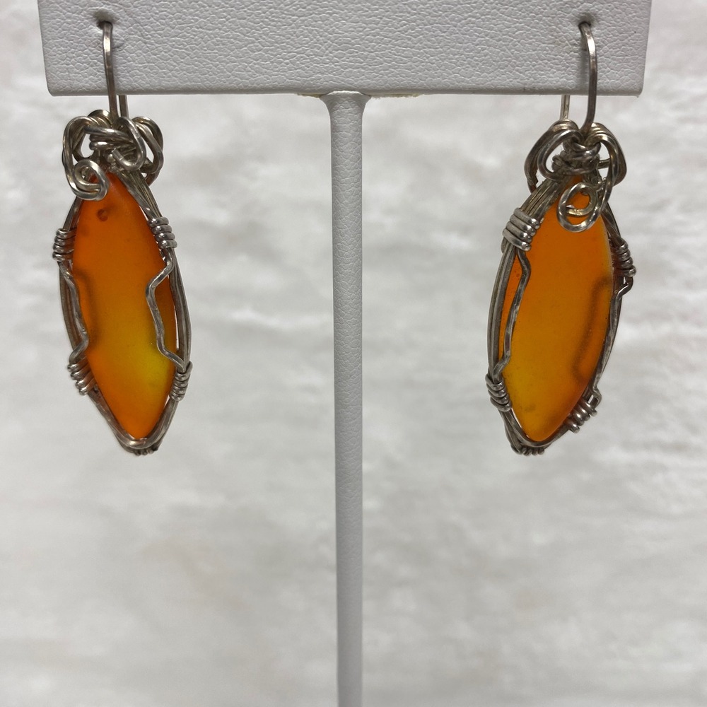 Wire‎ Wrapped Earrings Orange Yellow Stone Boho Handmade Dangle Earrings